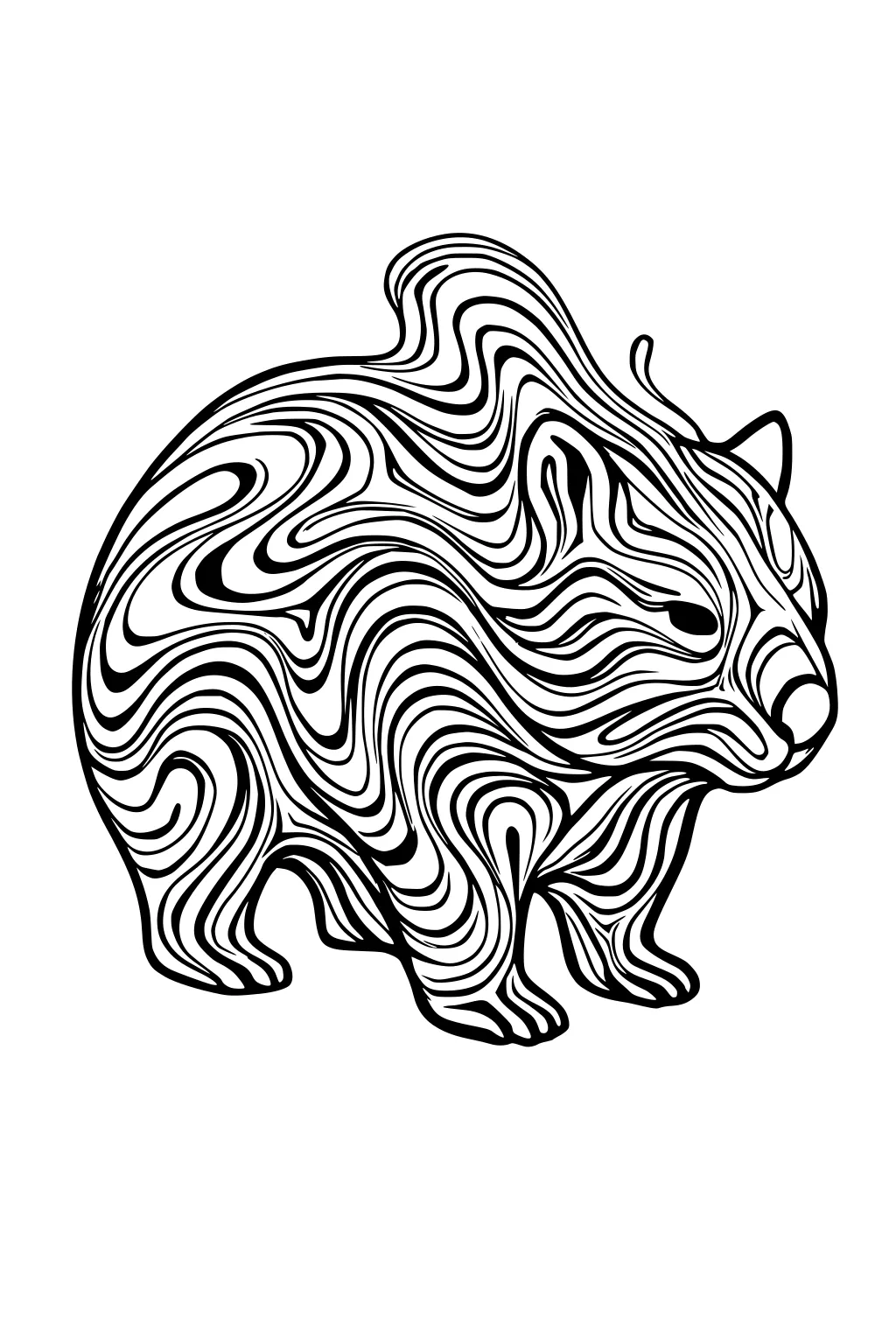 Side-view wombat with swirly line patterns, small ears, round nose, and short legs on a white background.