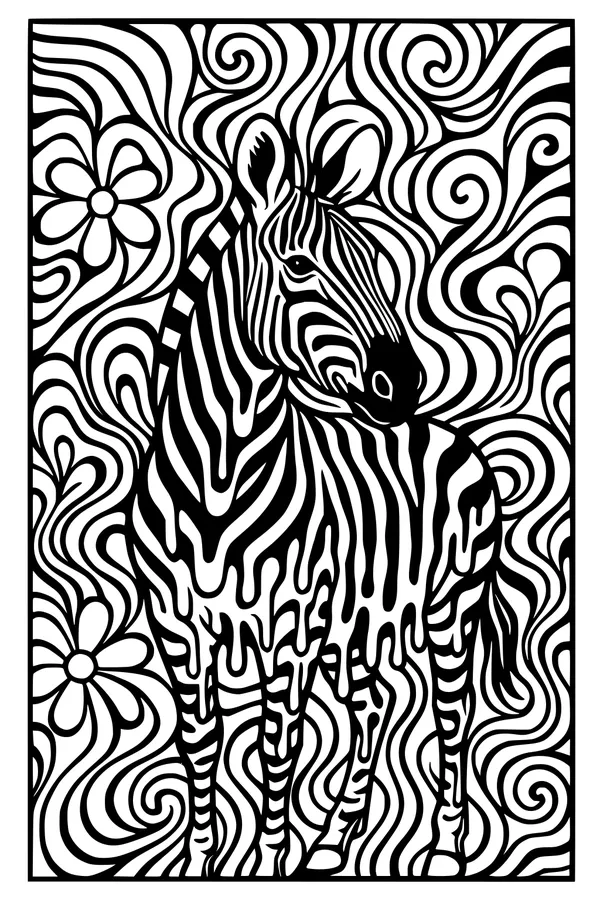 Free Zebra Coloring Page - Swirly Floral Garden Scene (Printable PDF)