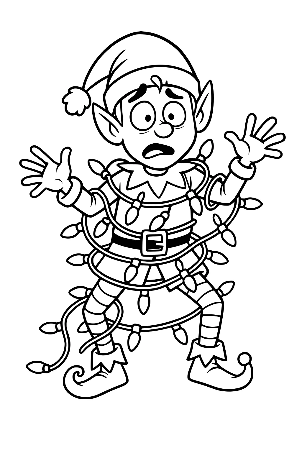 Cartoon boy elf in Santa hat tangled in Christmas lights, hands raised, striped leggings, belt, pointy ears, and curly shoes.