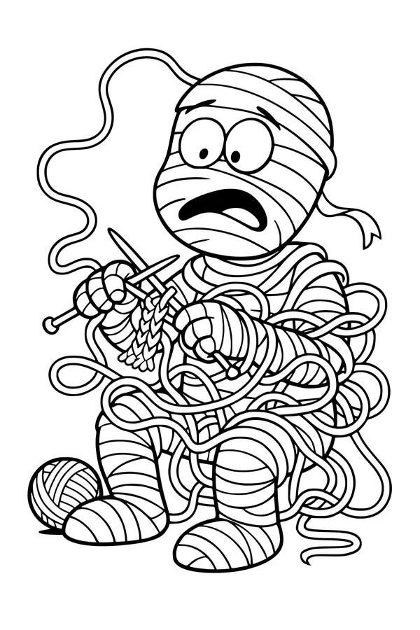Free Mummy Coloring Page - Tangled Boy Knitting Yarn (Printable PDF)