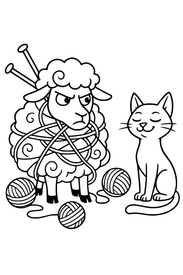 Free Sheep Coloring Page - Tangled in Yarn with Cat Friend (Printable PDF)