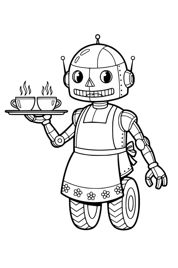 Free Robot Coloring Page - Wheeled Waitress Serving Tea (Printable PDF)