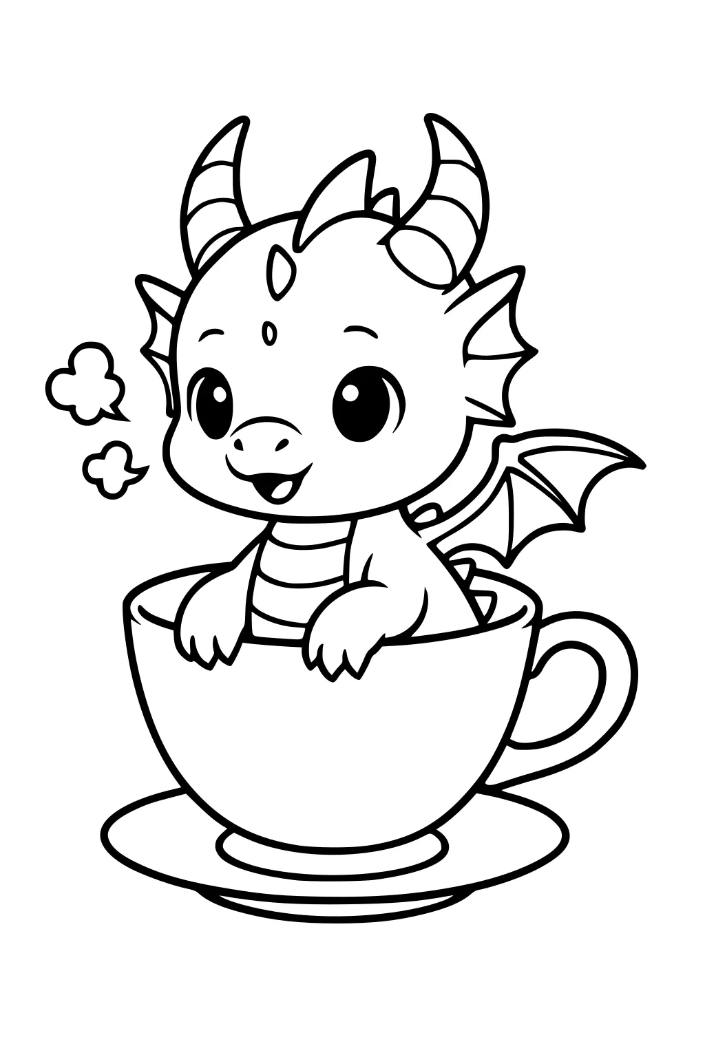 Smiling baby dragon with horns and small wings sitting in a teacup on a saucer, paws on the rim, with tiny steam puffs.