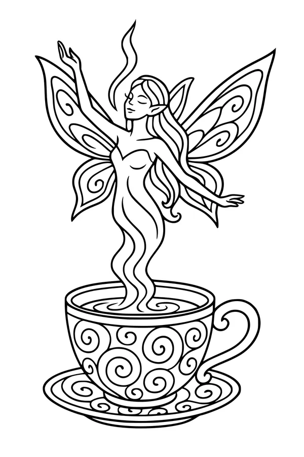 Free Fairy Coloring Page - Tea-Time Steam Fairy in Teacup (Printable PDF)