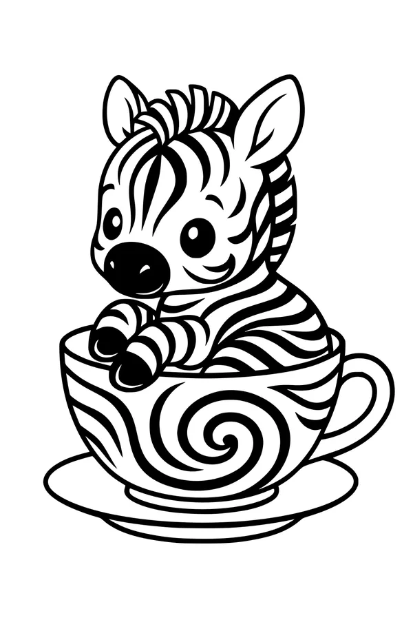 Free Zebra Coloring Page - Cute Baby Zebra in Swirly Teacup (Printable PDF)