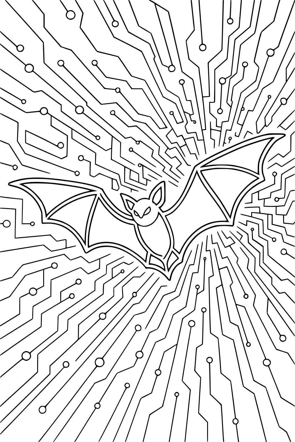 Bat flying with wings spread wide, surrounded by radiating zig-zag lines and dots in the background.