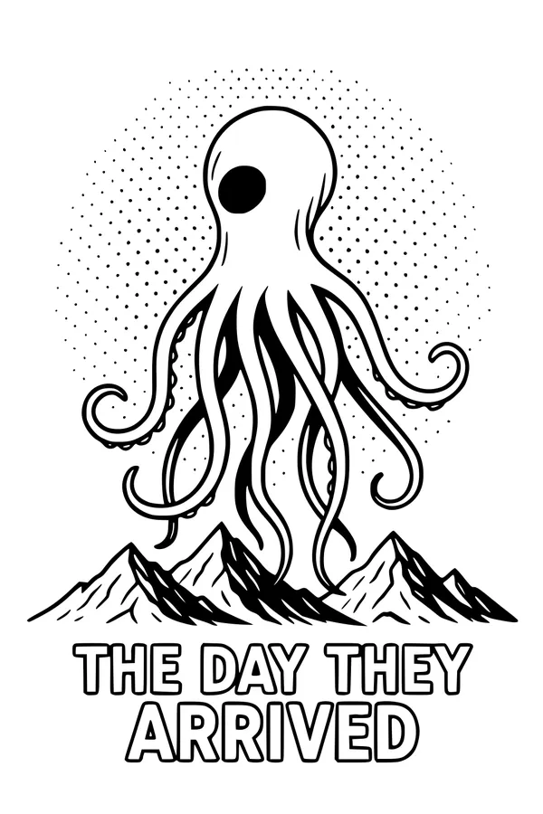 Free Alien Coloring Page - One-Eyed Visitor Above Mountain Peaks (Printable PDF)