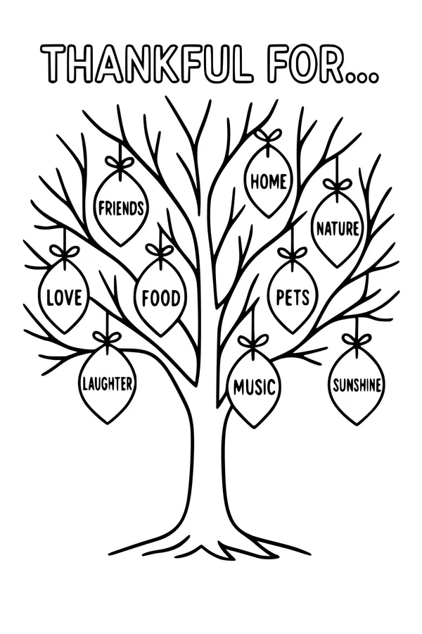 Free Thankful Tree Coloring Page - Gratitude Leaves for Thanksgiving (Printable PDF)