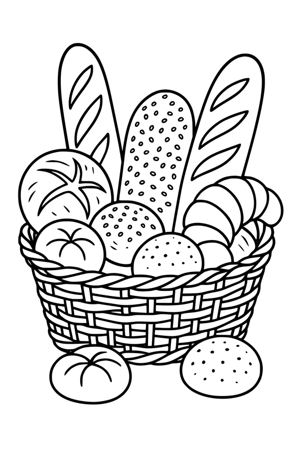 Free Thanksgiving Bread Basket Coloring Page - Harvest Feast Baked Goods (Printable PDF)