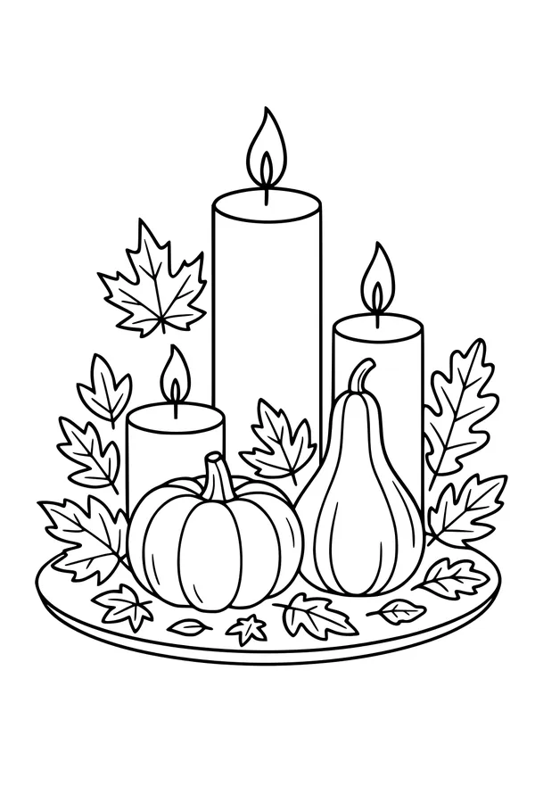 Free Thanksgiving Centerpiece Coloring Page - Harvest Candles and Pumpkin Tray (Printable PDF)
