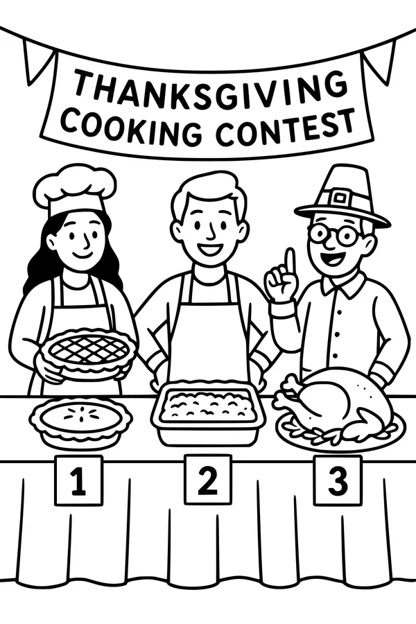 Free Thanksgiving Cooking Contest Coloring Page - Turkey Day Cook-Off Table (Printable PDF)