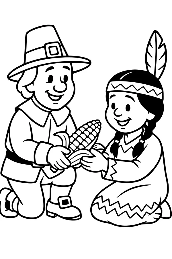 Free Thanksgiving Coloring Page - Pilgrim Kids Sharing Corn (Printable PDF)