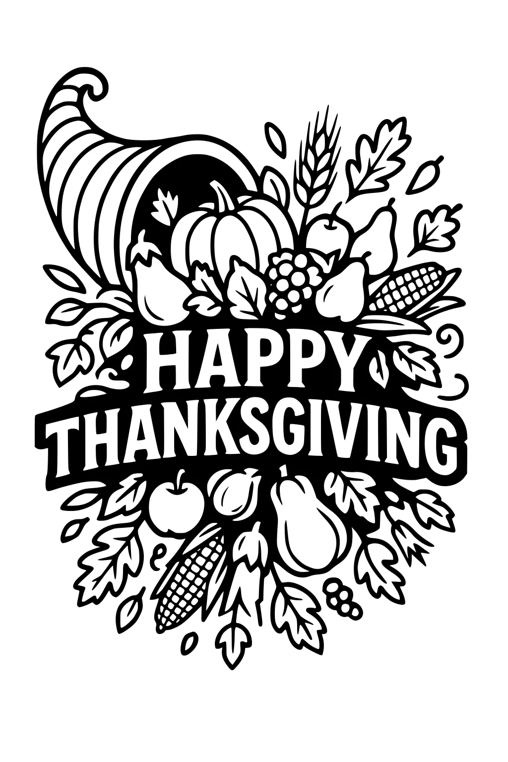 Cornucopia with pumpkin, grapes, apple, pear, corn, wheat, leaves around a HAPPY THANKSGIVING banner in bold outlines.