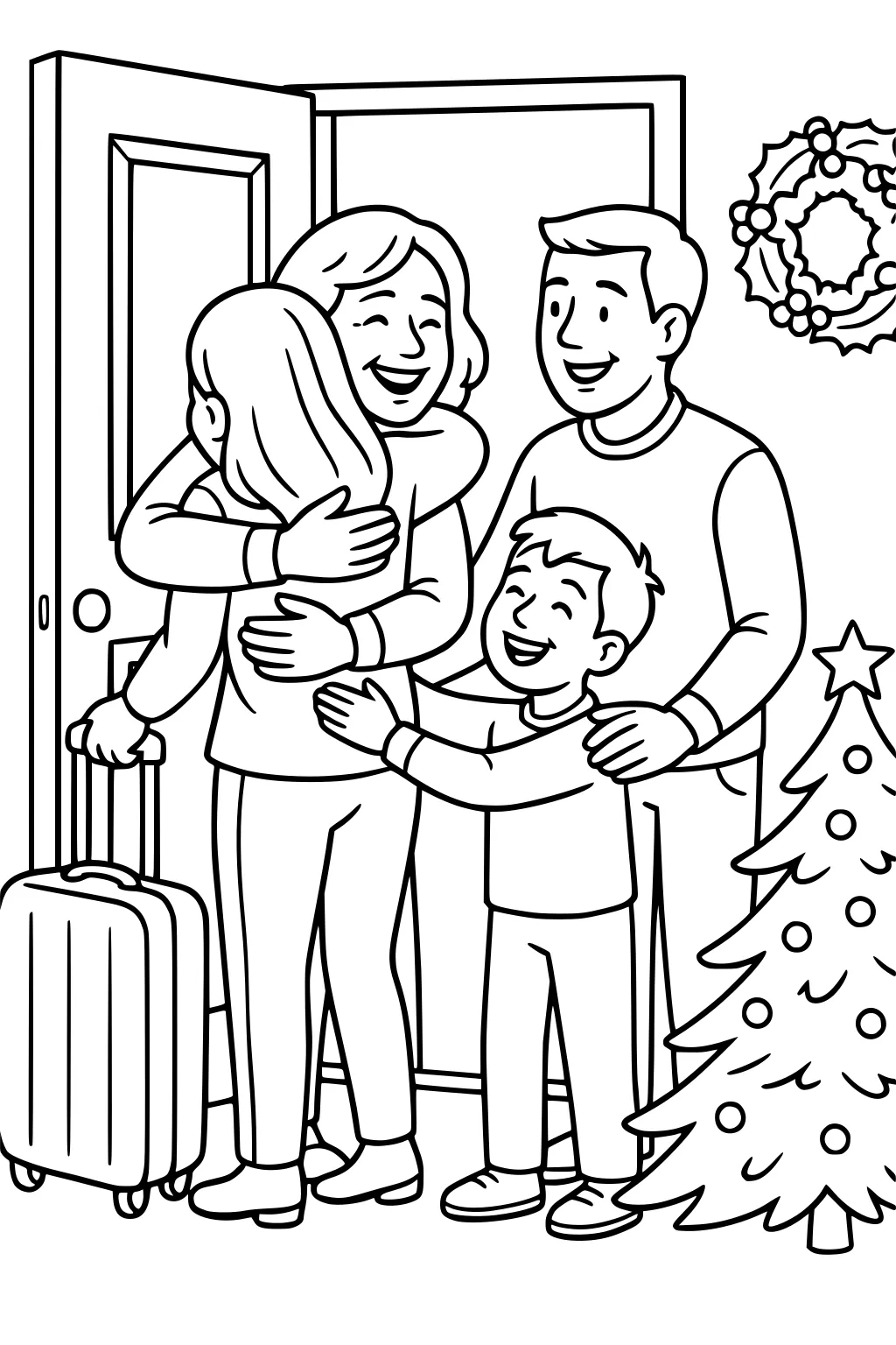 Mom hugs arriving girl with suitcase at open door; dad smiles; young boy joins; wreath on wall and decorated tree with star.