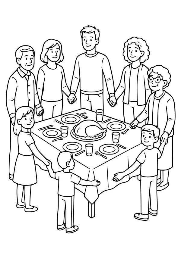 Free Thanksgiving Family Dinner Coloring Page - Holding Hands Around Turkey Feast (Printable PDF)