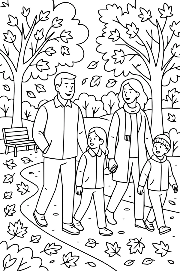 Free Thanksgiving Family Coloring Page - Autumn Leaf Park Walk (Printable PDF)