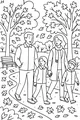 Free Thanksgiving Family Coloring Page - Autumn Leaf Park Walk (Printable PDF)
