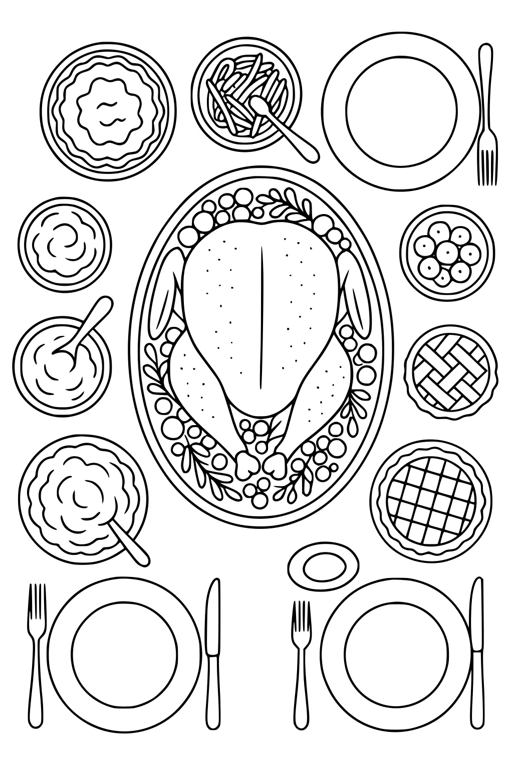 Top view Thanksgiving table with roast turkey on oval platter, herb garnish, bowls of sides, pies, plates, and a gravy boat.