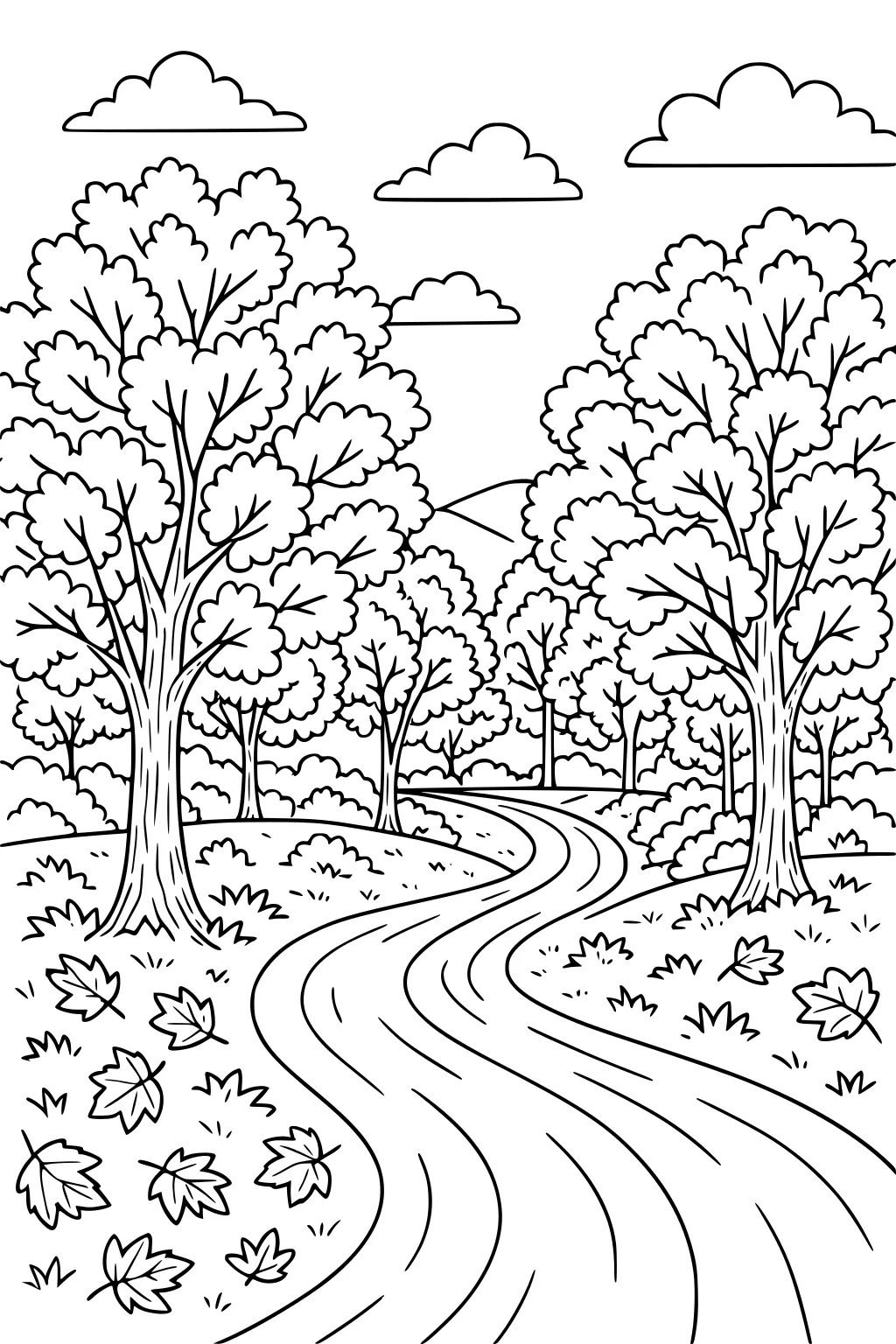 Winding path through fall forest with tall trees, dropped leaves, bushes, distant hills, and puffy clouds in the sky.