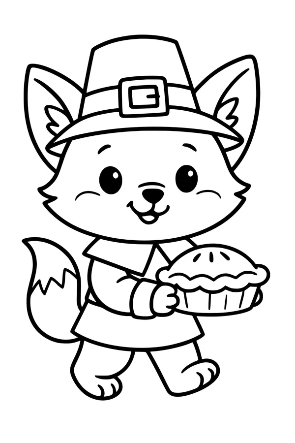 Free Fox Coloring Page - Pilgrim Baker With Thanksgiving Pie (Printable PDF)