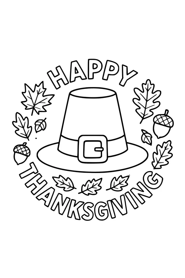 Free Thanksgiving Pilgrim Hat Coloring Page - Leaf Wreath Design (Printable PDF)