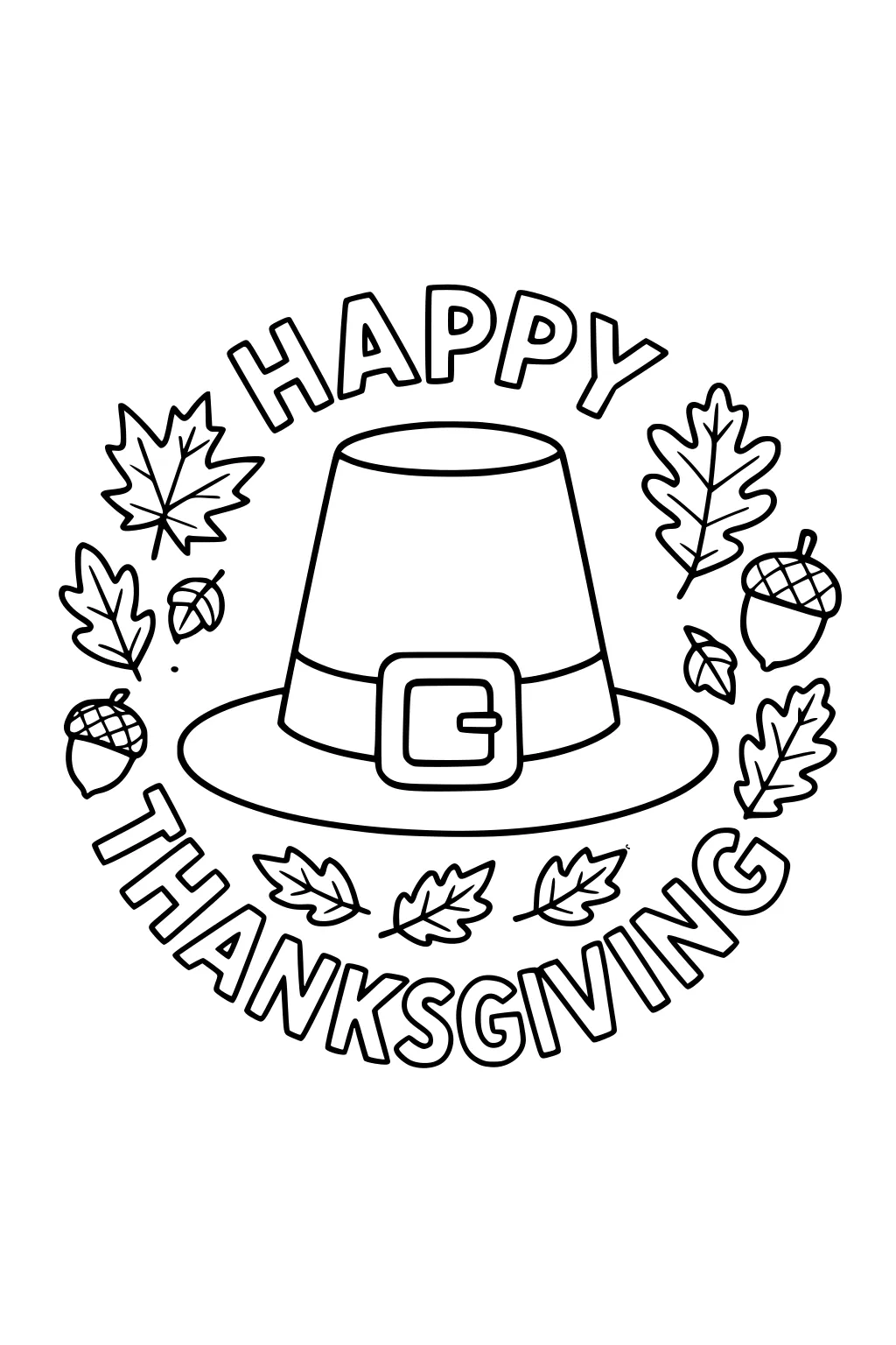 Pilgrim hat with square buckle in a ring of maple and oak leaves, acorns, and Happy Thanksgiving text above and below.