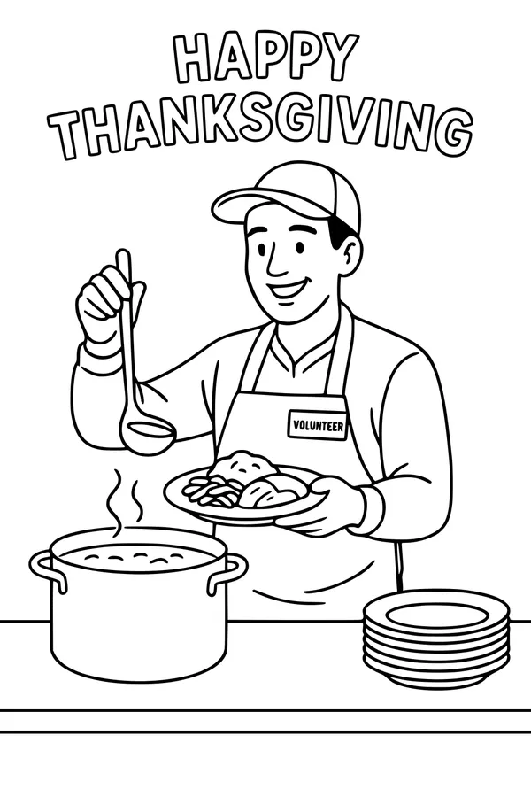 Free Thanksgiving Volunteer Coloring Page - Serving Warm Holiday Meal (Printable PDF)