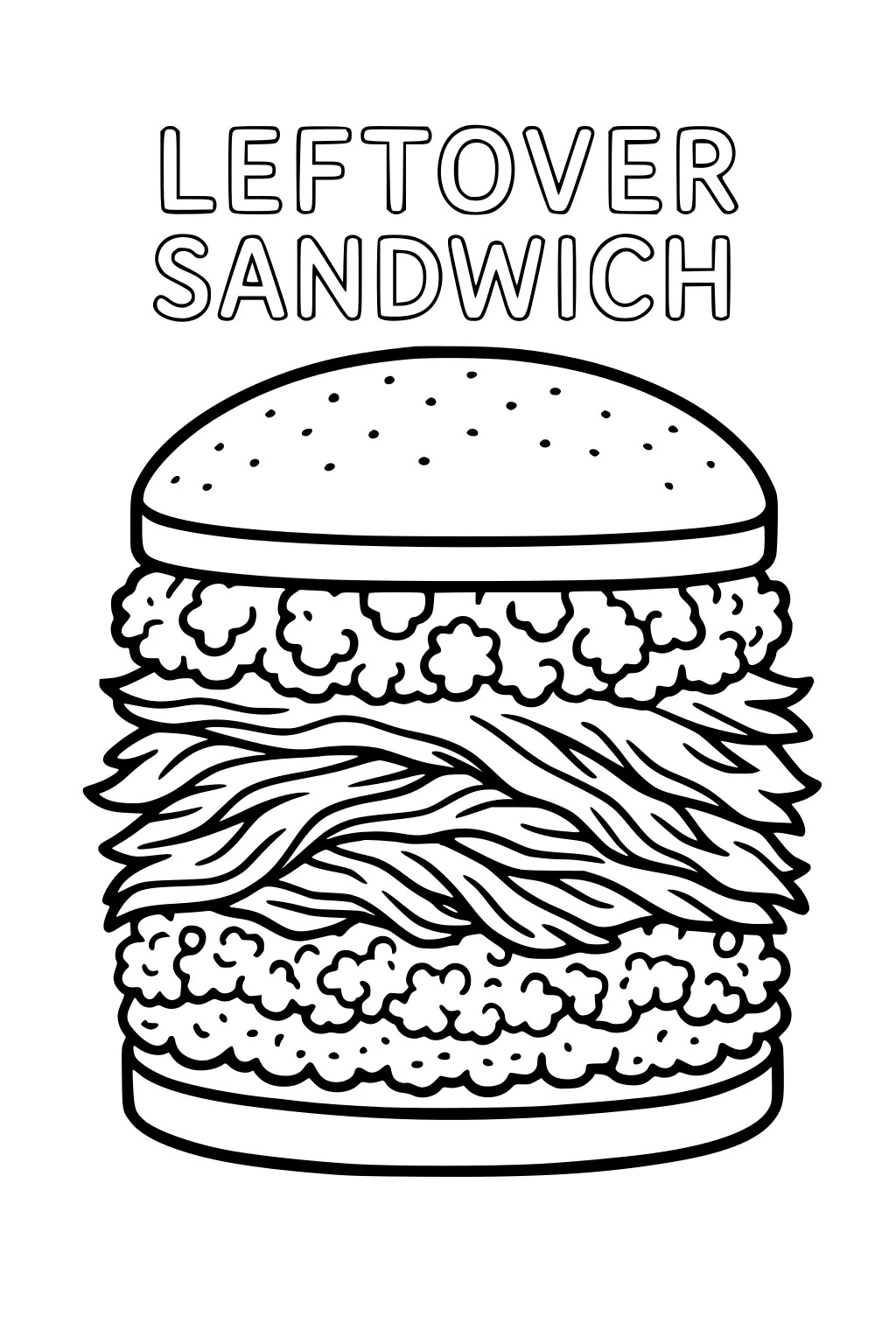 Tall leftover sandwich with sesame bun, wavy turkey slices, and crumbly stuffing layers under bold LEFTOVER SANDWICH text.