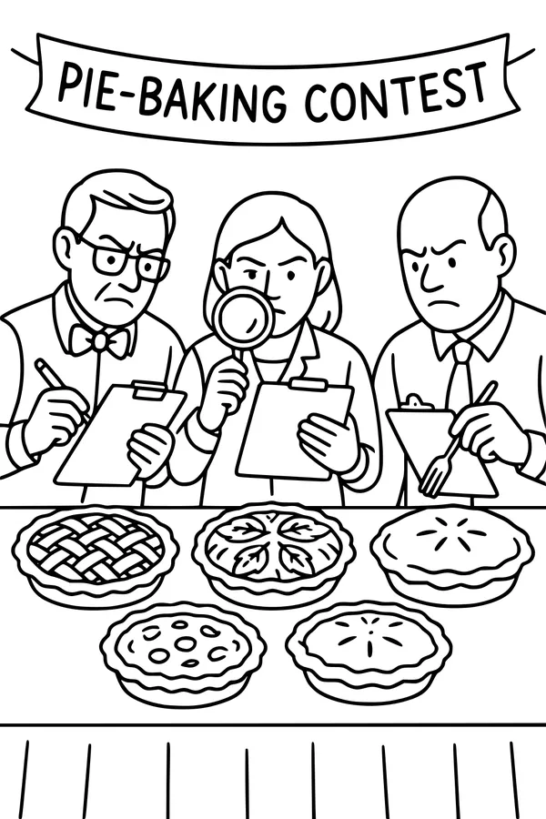 Free Thanksgiving Pie Contest Coloring Page - Judges Tasting Desserts (Printable PDF)