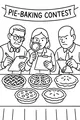 Free Thanksgiving Pie Contest Coloring Page - Judges Tasting Desserts (Printable PDF)