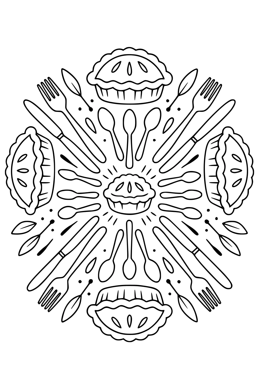 Circular Thanksgiving mandala with a small center pie, four larger pies, and radiating spoons, forks, knives, leaves, and dots.