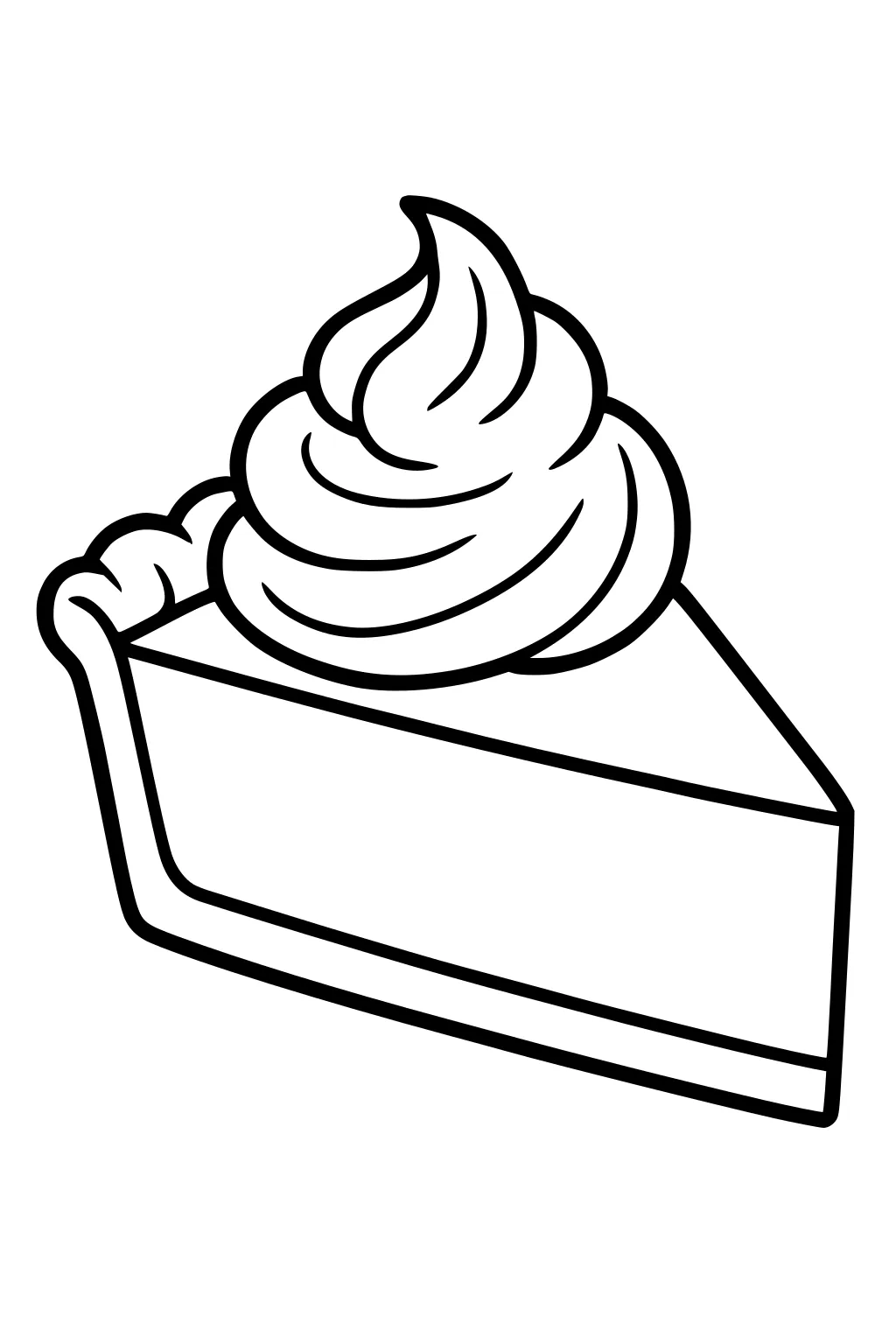 Slice of pie with a tall whipped cream swirl on top and a scalloped crust edge, outlined in bold lines for coloring.