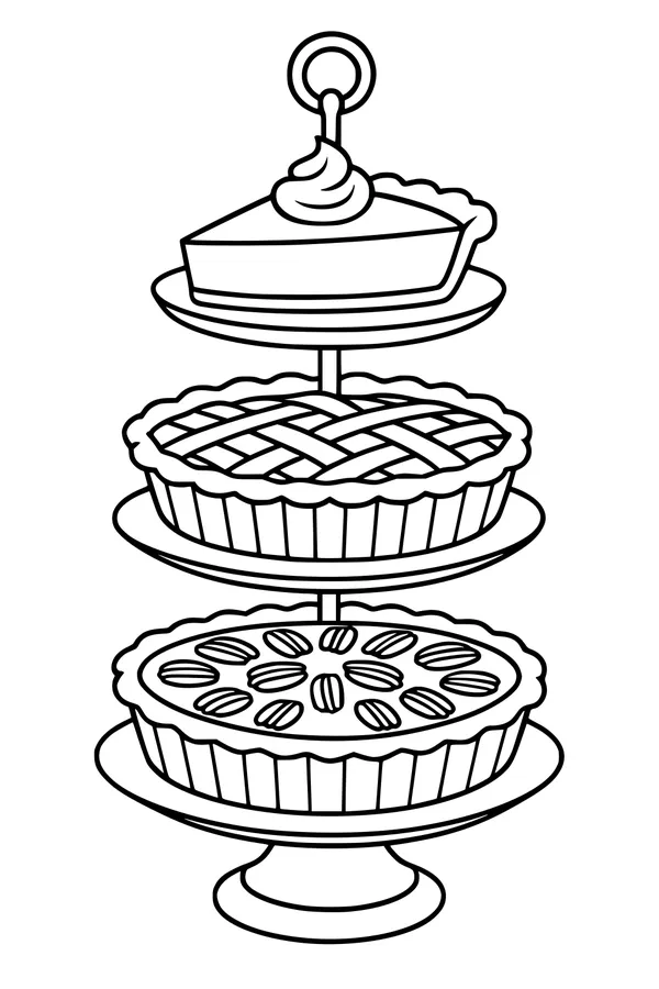 Free Thanksgiving Pie Coloring Page - Three-Tier Dessert Stand (Printable PDF)