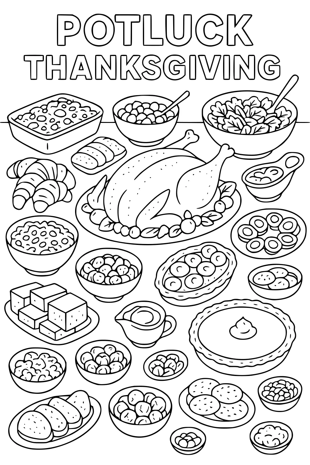 Line art Thanksgiving potluck table with roast turkey, pies, deviled eggs, salad, casserole, rolls, side bowls, and gravy.