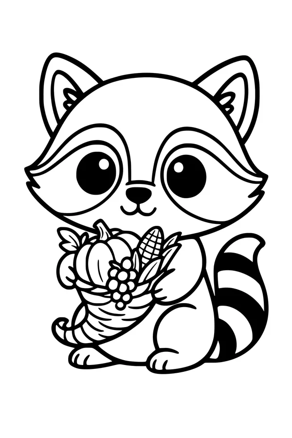 Free Raccoon Thanksgiving Coloring Page - Cute Cornucopia Harvest Scene (Printable PDF)
