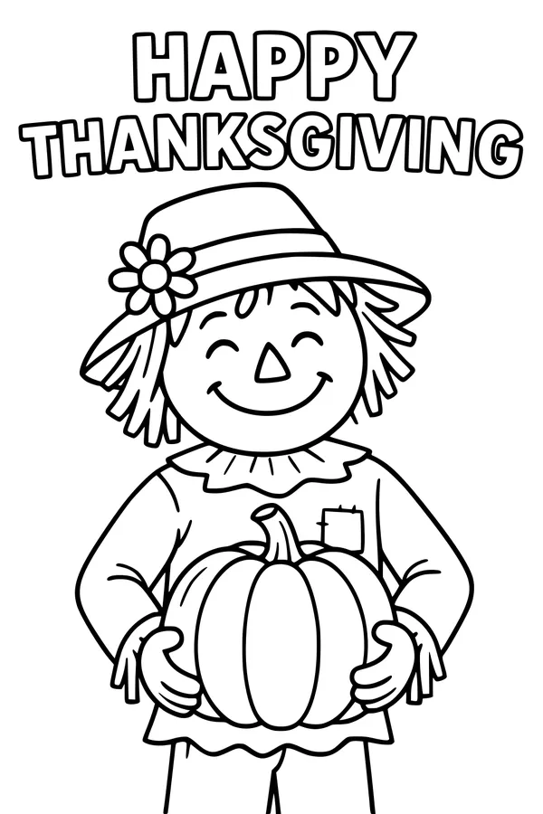 Free Thanksgiving Scarecrow Coloring Page - Girl With Pumpkin (Printable PDF)