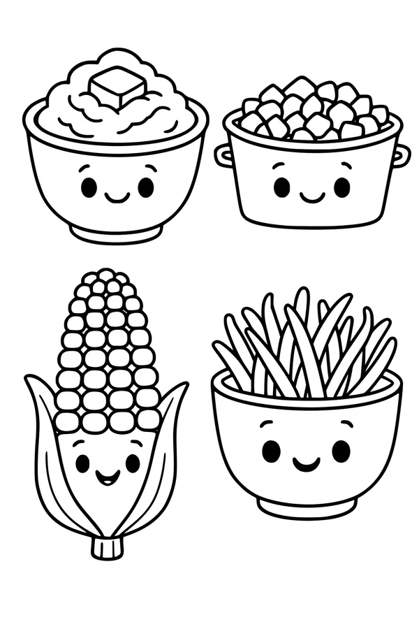 Free Thanksgiving Side Dishes Coloring Page - Cute Kawaii Dinner Plate (Printable PDF)