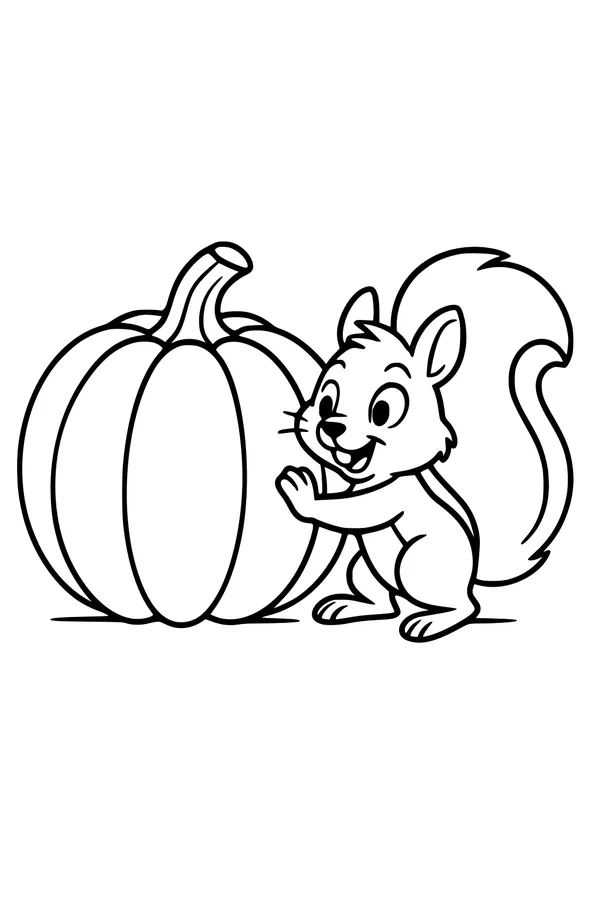 Free Squirrel and Pumpkin Coloring Page - Cute Thanksgiving Harvest Scene (Printable PDF)