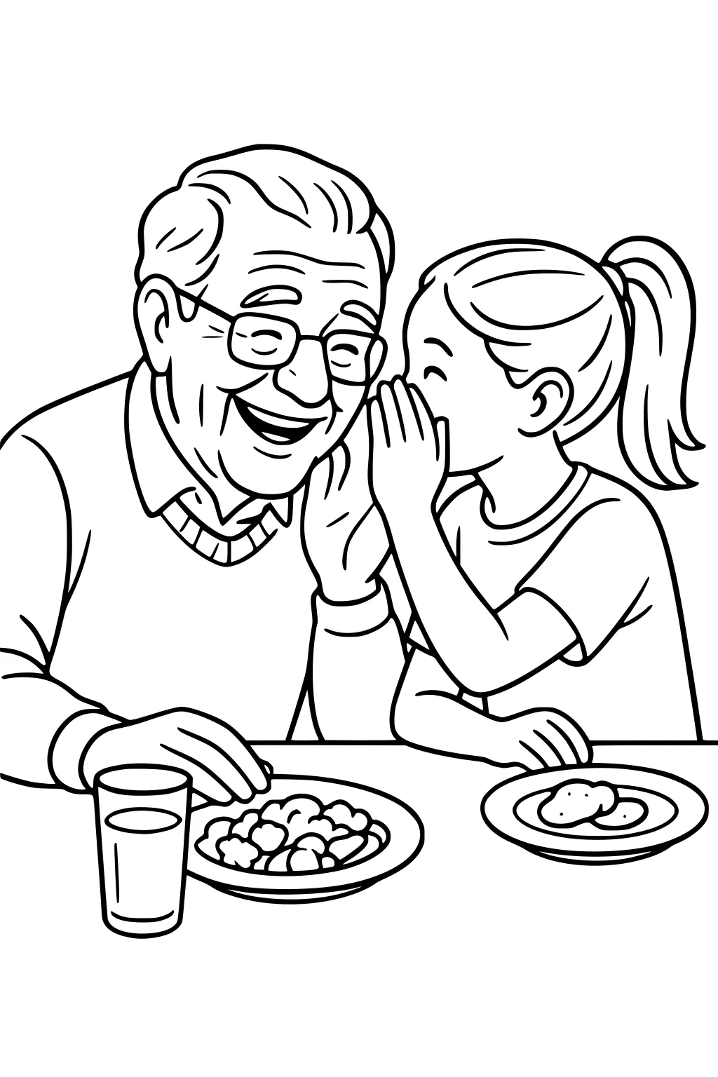 Girl whispers to smiling grandpa at a Thanksgiving table with a plate of food, a small cookie plate, and a glass of drink.