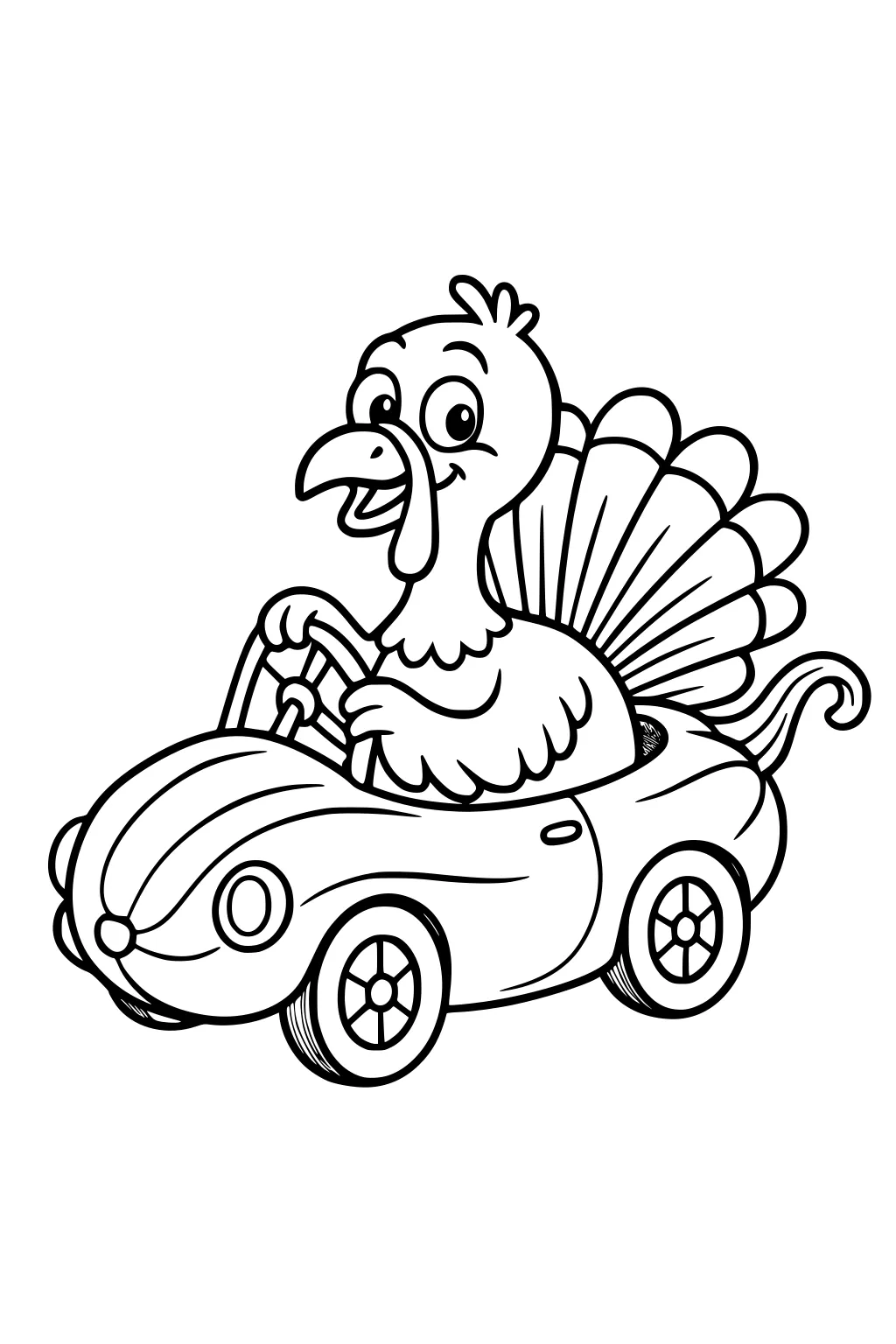 Smiling cartoon turkey driving a small car, tail feathers fanned out, holding the steering wheel; simple line art.