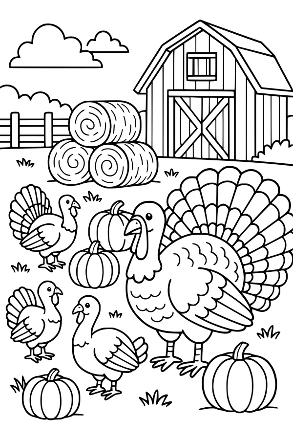 Free Turkey Coloring Page - Thanksgiving Farm Parade Scene (Printable PDF)