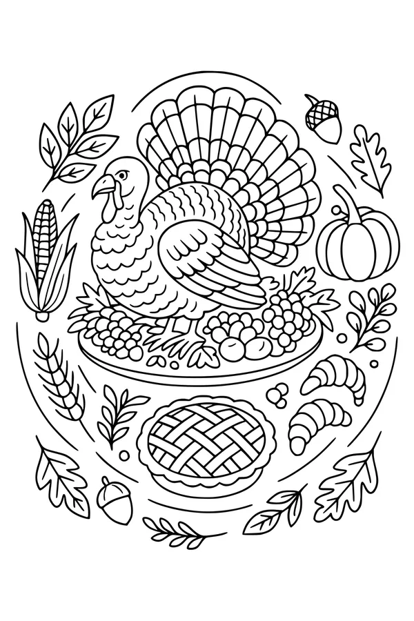Free Turkey Coloring Page - Harvest Feast Table Scene (Printable PDF)