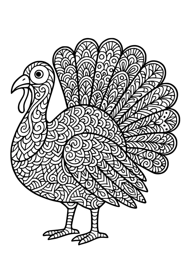 Free Turkey Coloring Page - Detailed Zentangle Feathers (Printable PDF)
