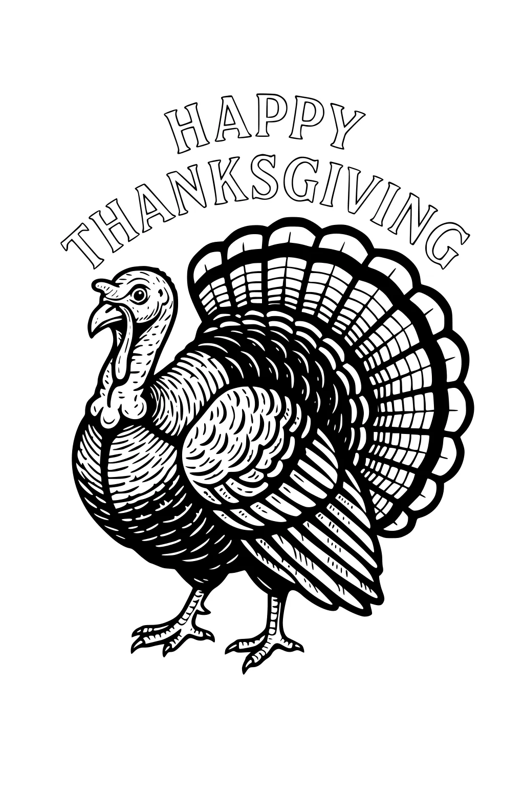 Turkey with wide fan tail under arched HAPPY THANKSGIVING text; bold outlines and detailed feather patterns.