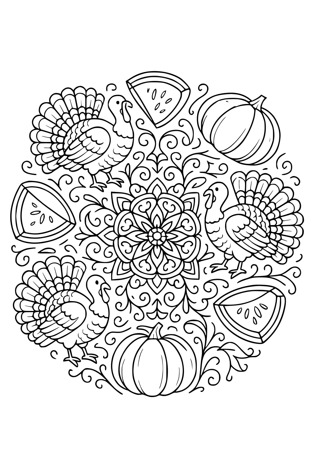 Round mandala with four turkeys, two pumpkins, four triangular slices with seeds, and swirling vines around a floral center.