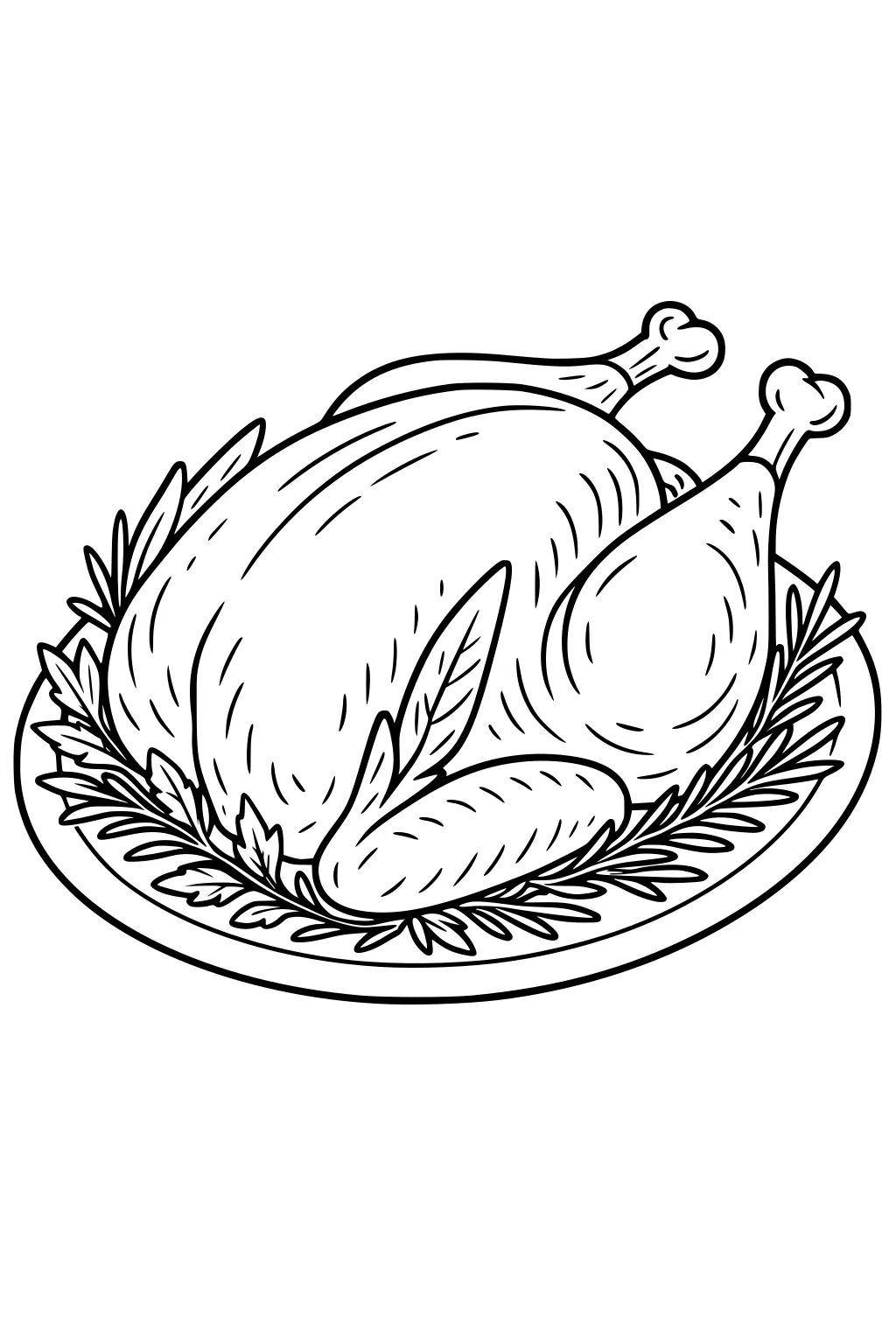 Roast turkey with two drumsticks on a round platter, surrounded by leafy herbs. Simple line art for Thanksgiving food theme.