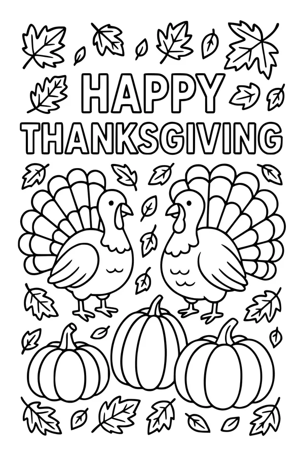 Free Turkey Coloring Page - Happy Thanksgiving Harvest Scene (Printable PDF)