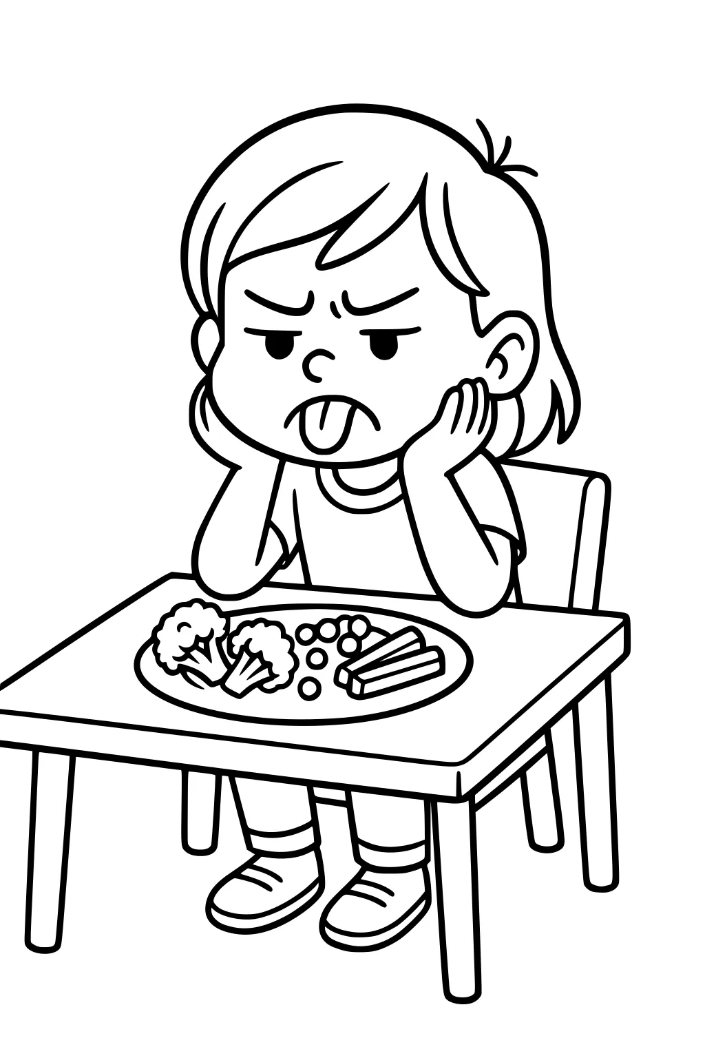 Girl at a small table sticks out her tongue at a plate of broccoli, peas, and veggie sticks in a simple line drawing.