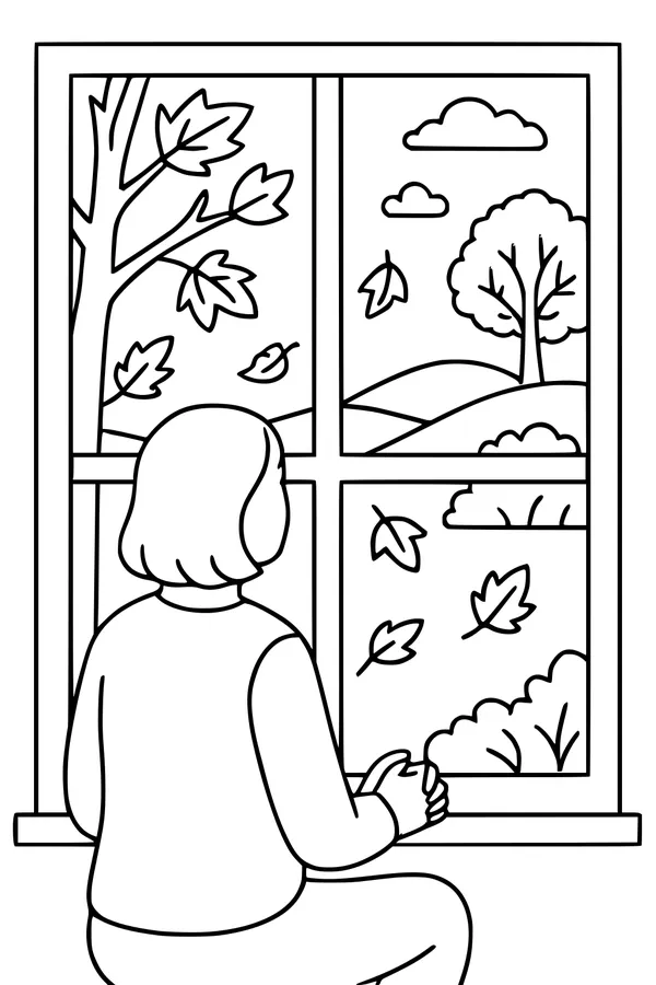 Free Thanksgiving Girl Coloring Page - Autumn Window View Scene (Printable PDF)