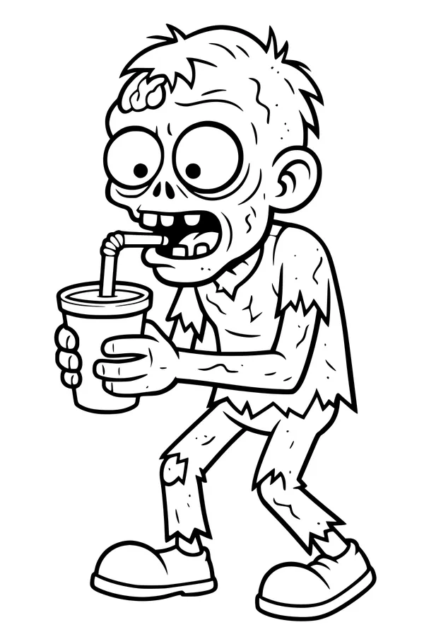 Free Zombie Boy Coloring Page - Funny Cartoon Monster With Straw Drink (Printable PDF)